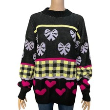 80s Vintage Bow Print Tunic Sweater L/XL Black Multi Coquette Heart Kidcore
