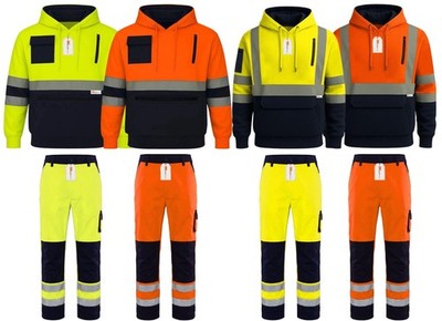 Herren Hi Vis Trainingsanzug Set Klasse 3 Hoodie & Cargo Arbeitshose Reflektierende Schiene