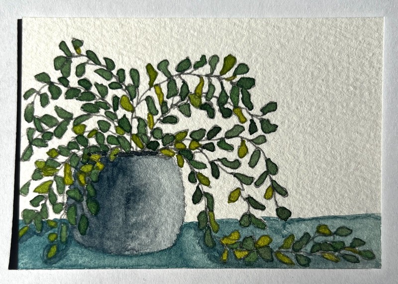 Original ACEO Houseplant Watercolor Painting Blue Pot Botanical OOAK