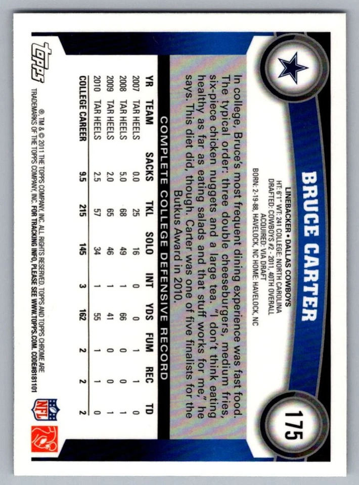 2011 Topps Chrome Bruce Carter Rookie Dallas Cowboys #175 - Image 2 of 2