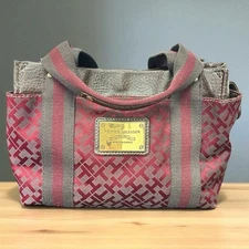 Vintage Tommy Hilfiger Red Monogram Canvas Tote Bag Brown Leather Trim Purse