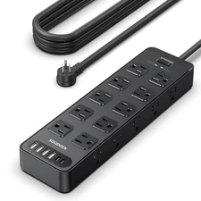 Flat Plug Power Strip Surge Protector with 20 AC Outlets 6 USB Ports, 1875W/1...