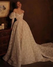 Lace Wedding Dresses A-Line Long Sleeves Backless Bridal Gown Chapel Train