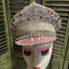 Women Crystal Diamante Sequin Beaded Military Captain Hat Cap Steampunk Cosplay