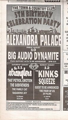 STRANGLERS KINKS B.A.D. Alexandra  Palace 1990 UK Press ADVERT 10x6 inches