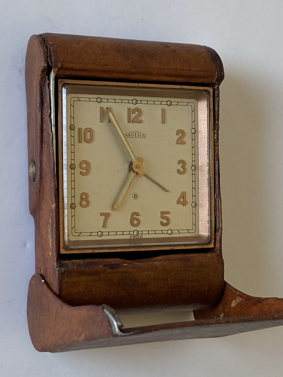 ANGELUS 8 DAY SWISS TRAVEL ALARM CLOCK 15 RUBIS TAN LEATHER CASE