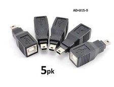 5-PACK USB 2.0 Mini-B 5-Pin Male to USB B Female Converter Adapter, AD-U15