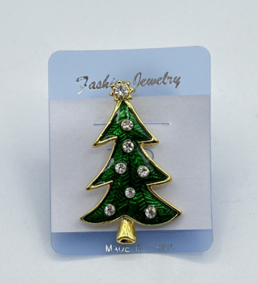 Christmas Tree Brooch Pin LIA Signed Green Enamel Bezel Set Clear Rhinestone New