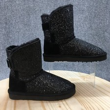 Style  Co Winter Boots Youth 5M Teeny Black Leather Pull On Faux Fur Sparkle