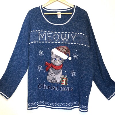 Ugly Christmas Sweater Women's 4X Blue Cat Meowy Christmas