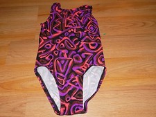 Size Small GK Elite Black Purple Coral Orange Print Dance Gymnastics Leotard EUC