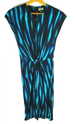 Womens Issa London Dress Tie Wrap Waist Blue Black Stretch Midi Viscose Size 6