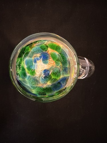 Hand Blown Multi Color Liquid Confetti, Glass Mug Handle Greens yellow & Brown - Picture 6 of 8