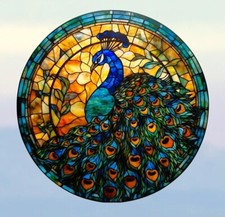 Peacock Faux Stained-Glass WINDOW CLING Sun-catcher Size 8" Round Vinyl