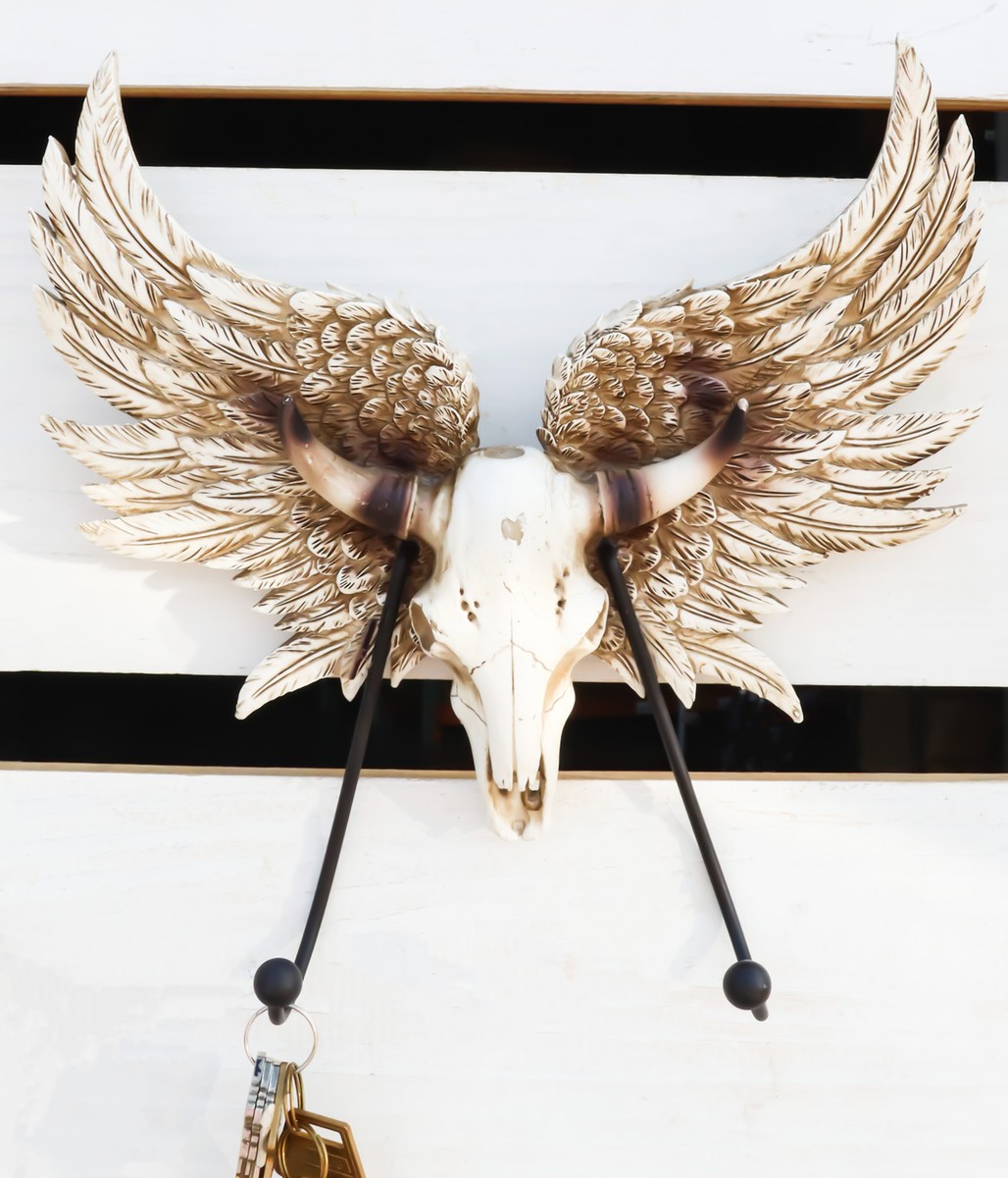 Rustic Western Cow Skull With Horns And Angel Wings Wall Double Hooks  Sculpture