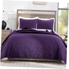 Reversible Size Quilt Bedding Set with Pillow Shams, King Deep Purple/ Lilac
