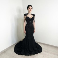 Black Gothic Sparkly Mermaid Prom Dresses With Train Lace Beading Evening Gowns