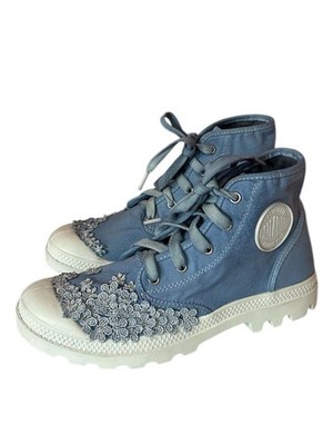 Custom Palladium Pampa Hi Floral Lace Up Toe Cap Boots Womens Blue Canvas Sz 9