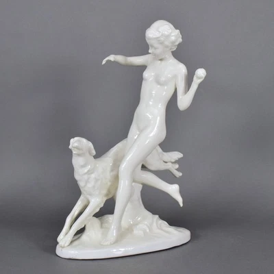 Royal Dux Elly Strobach Art Deco Mädchen Akt Windhund hund dog Figur figure - Bild 1 von 4