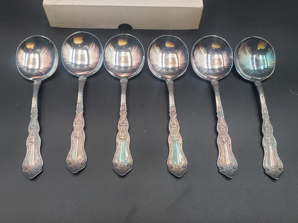 Juegos de 6 Wm. Cucharas Gumbo redondas Rogers ALHAMBRA plateadas de 6 7/8 pulgadas Foto 2 de 4