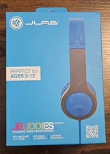 JLab JBuddies Adjustable Folding Kids Wired Headphones, Blue/Gray, Volume Safe