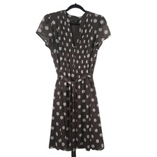 JBS Brown Polka Dot Pleated V Neck Short Sleeve Belted Dress Size 12