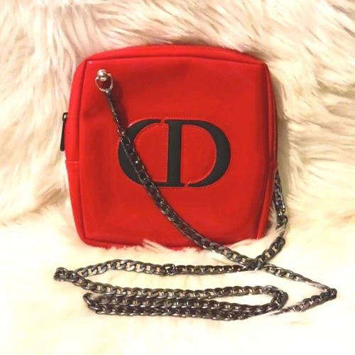 DIOR Sac à Bandoulière ROUGE Chic Noir Gunmetal Bandoulière Cosmétique sur Chaîne Converti