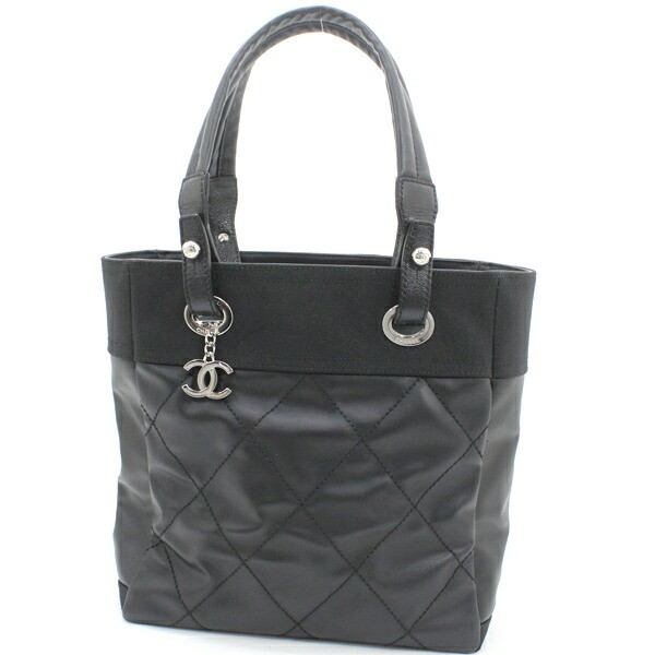 Chanel Paris Biarritz Tote PM Black PVC Coated Canvas Nylon Leather Metal Fi