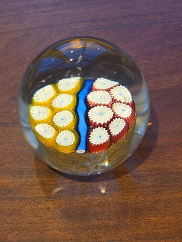 Vintage Murano Close Packed Millefiori Paperweight  Yellow,Blue & Red. Very Nice