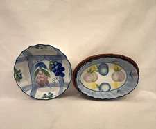 Vtg 2 Glazed Ceramic Earthenware Baking Serving Dishes 1-Serving Basket Trinket