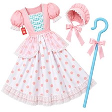 Women`s Bo Peep Costume Adult Pink Shepherdess Dress & Cane Bonnet XS - 3XL