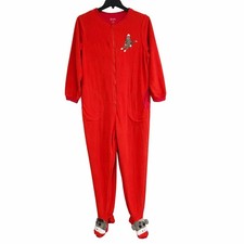 Nick Nora Adult Sz XL Pajamas Sock Monkey Red Fleece Footed One Piece Pockets