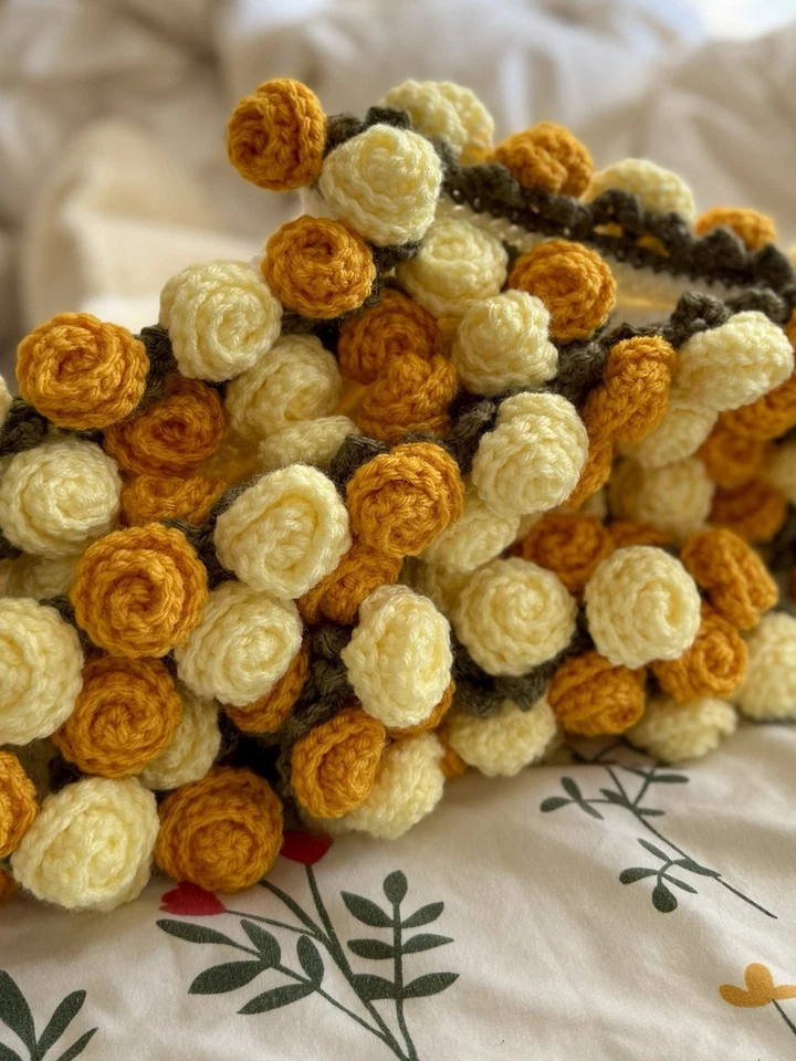 Manta Flor Crochet Mano 3D Tiro Afgano Amarillo Blanco Foto 2 de 4