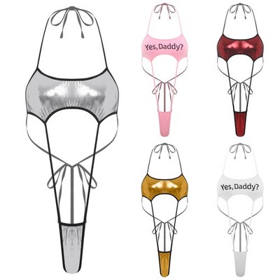 Damen Extreme Mikro Monokini Einteiliger Bikini Glänzend Metallic Body Badeanzug