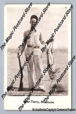 Giant Grasshopper Hunter w Rifle TERRY Montana RPPC Coles Exaggeration Photo '37