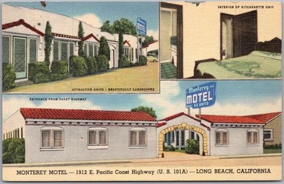 LONG BEACH, California Postcard ''MONTEREY MOTEL'' Highway 101 LINEN - 1947 Unused