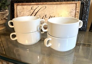4 PC White China Heavy Stoneware Double Handle XL Soup Bowl Coffee Mug Stacking