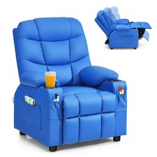 Costway Kids Youth Recliner Chair PU Leather w/Cup Holders  Side Pockets Blue