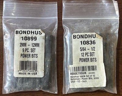 Bondhus POWER BIT (2) BALLDRIVER SETS - 10899 (2-12mm) & 10836 (5/64-1/2'') USA