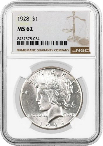 1928 $1 Peace Silver Dollar NGC MS62 Uncirculated Key Date Coin