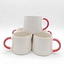 Coffe Mugs Tea Cups 13oz White Ribbing Textured Finish Red Painted Hand