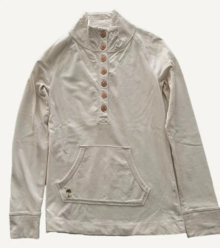 Lilly Pulitzer Mock Neck Sweater XS Cream Gold Palm Tree Pocket Button Pullover - product listing photo