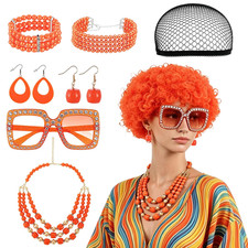 7-Piece Women'S Roper Curly Orange-Red Cosplay Wig with 2 Bracelets
