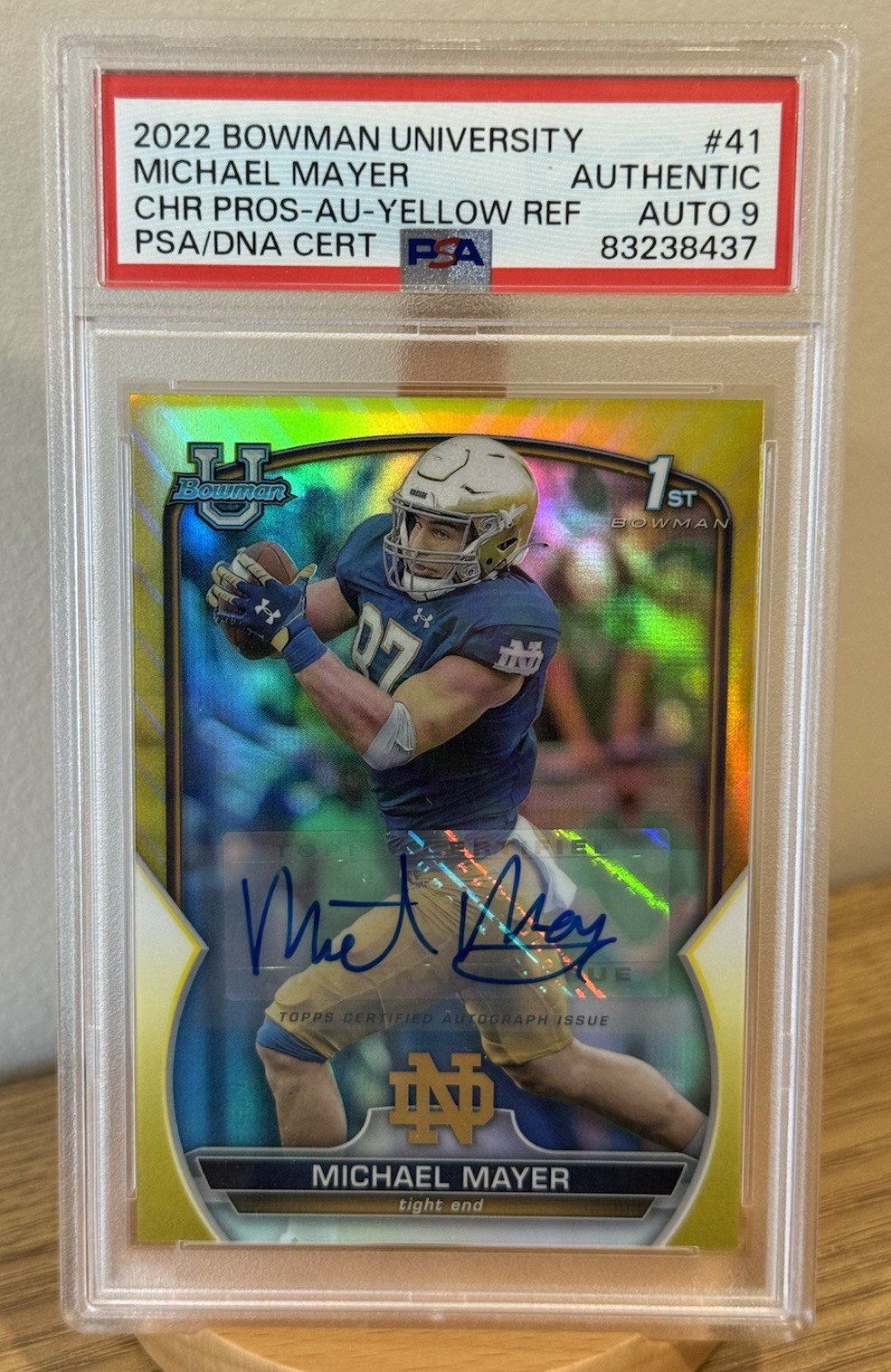 2022 Bowman Chrome Michael Mayer #41 Yellow Refractor /75 PSA 9 AUTO Notre Dame