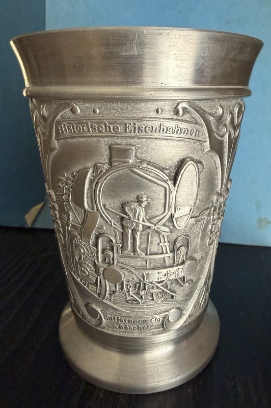 Vintage German Pewter Cup 95% Pure Tin Hand Engraved Historic Train Locomotive