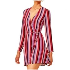 Reformation Pink Purple Striped Long Sleeve Wrap Mini Dress Size Medium
