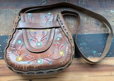 VINTAGE 70'S HIPPIE BOHO HAND TOOLED PAINTED FLOWERS PURSE SHOULDER BAG