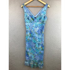Vintage City Triangles Floral V Neck Sleeveless Midi Dress Women Size 7/8 Blue