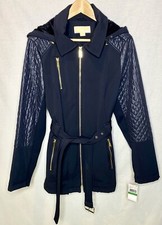 Michael Kors Jacket Blue Women Large Hooded Full Zip Lined MK Rain Coat