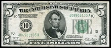 FR. 2001-J 1928-A $5 FRN FEDERAL RESERVE NOTE "NUMERICAL GOLD ON DEMA DEMAND" AU
